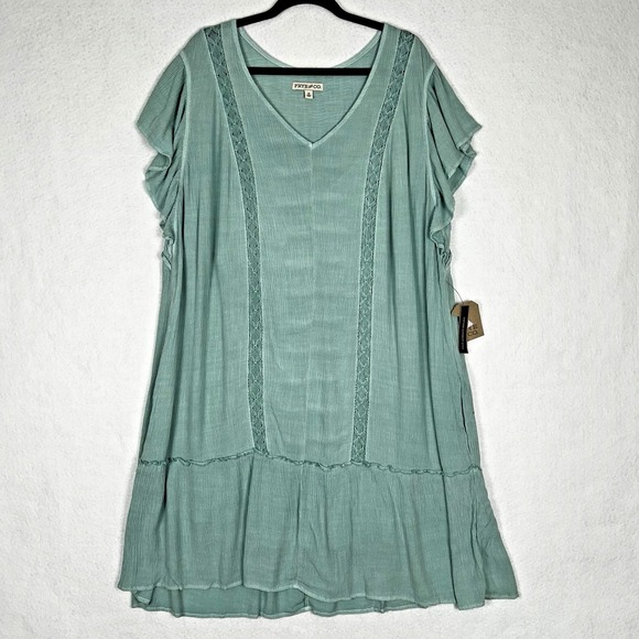 NWT Frye and Co Plus Sz 1X Crinkled Sage Green Midi Dress Western Boho Pockets - Picture 1 of 11